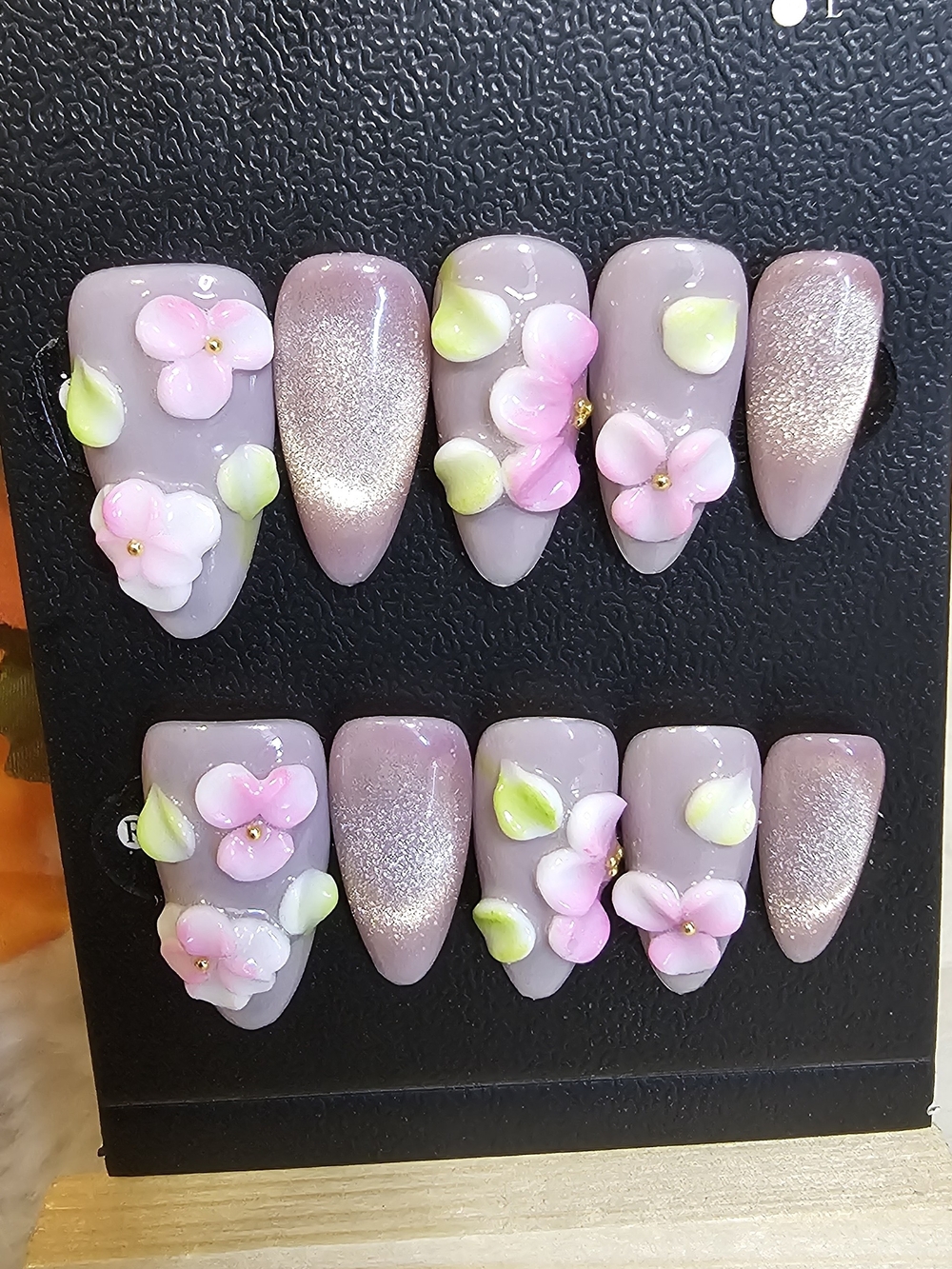 Handcrafted Pink Floral Press-On Nails with Green Accents